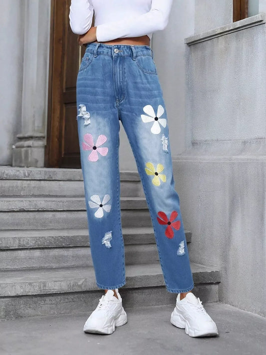 Floral Embroidered High Waist Distressed Jeans | The Nichole Collection