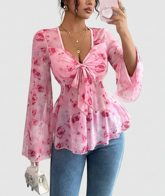 Floral Print Tie Front Flare Sleeve Chiffon Blouse Red / S The Nichole Collection