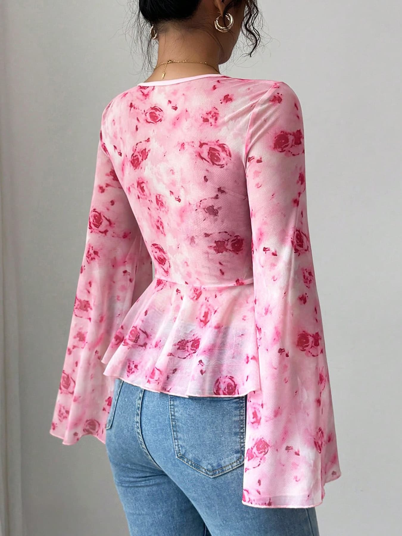 Floral Print Tie Front Flare Sleeve Chiffon Blouse The Nichole Collection