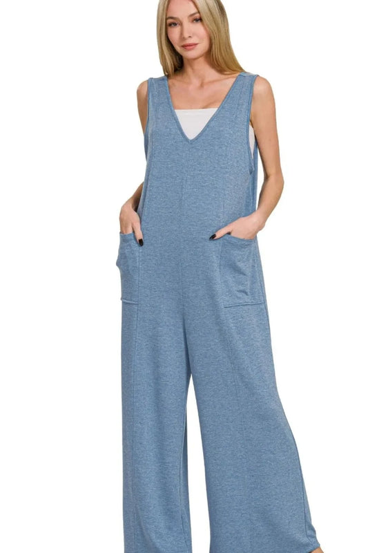 French Inspired Deep V Neck Jumpsuit DUSTY BLUE / S The Nichole Collection
