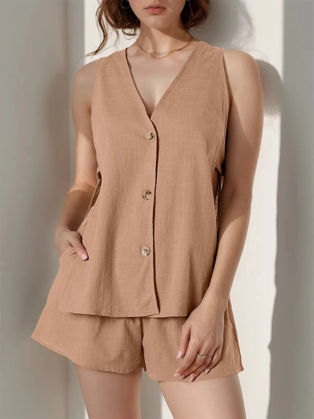 Full Size Button Up Top and Shorts Set Camel / S The Nichole Collection