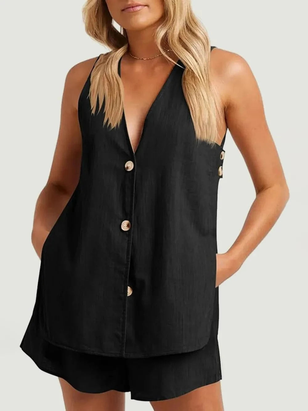 Full Size Button Up Top and Shorts Set Black / S The Nichole Collection