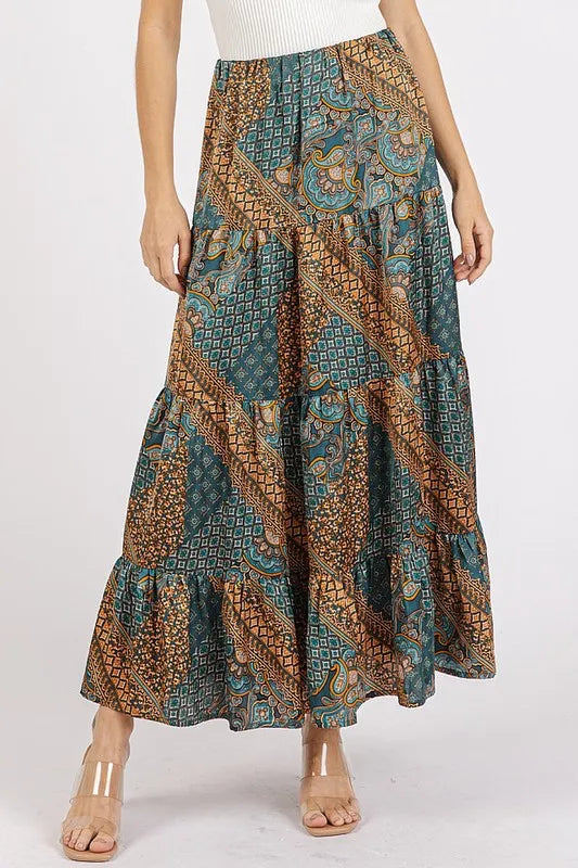 Green Paisley Patchwork Print Satin Maxi Skirt