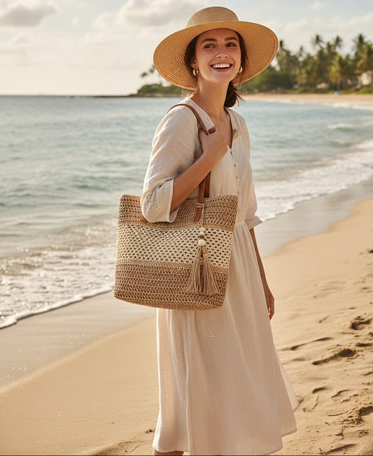 Handmade Woven Straw Tote Bag with Tassels | The Nichole Collection