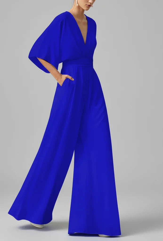 Italian Made Deep V-Neck Wide Leg Jumpsuit – Elegant High-Waist Style Blue / S / United States The Nichole Collection