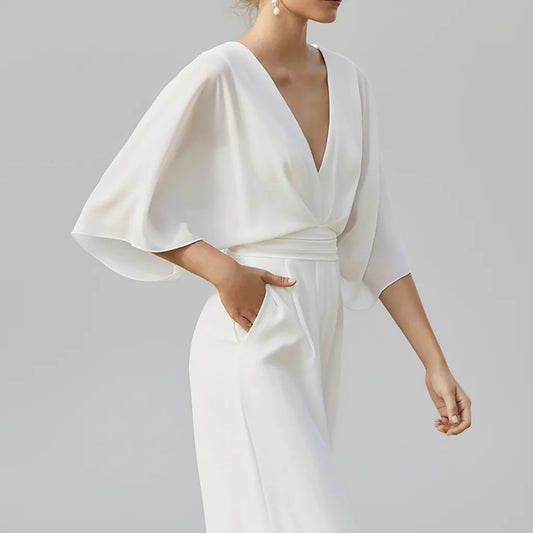 Italian Made Deep V-Neck Wide Leg Jumpsuit – Elegant High-Waist Style The Nichole Collection