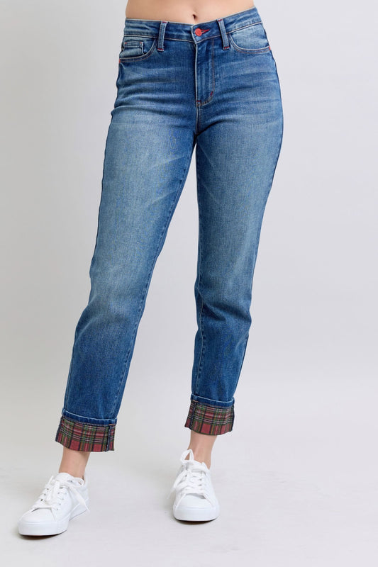 Judy Blue Plaid Print Cuff Straight Leg Jeans with Pockets Judy Blue The Nichole Collection