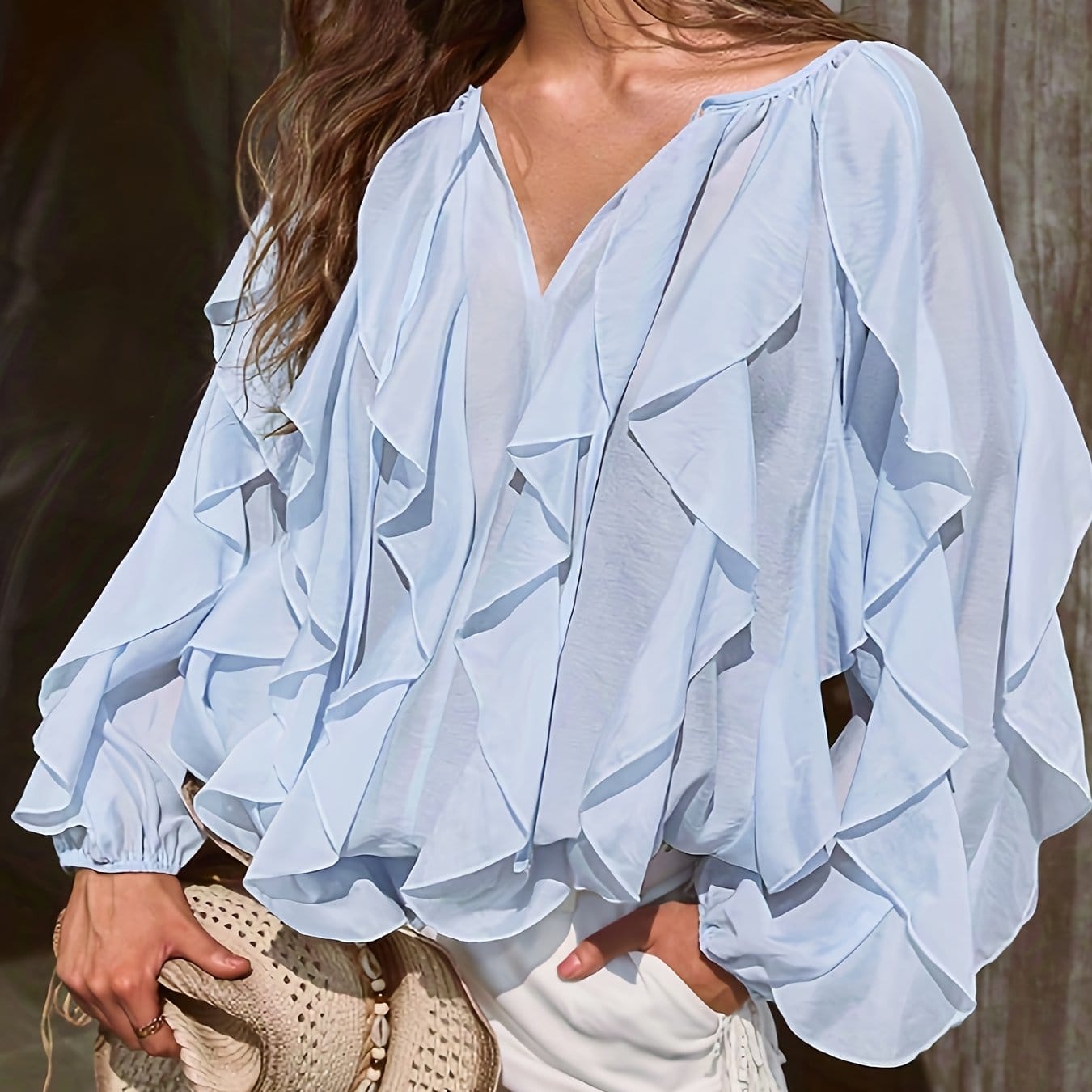 Kelp Leaf Ruffle Hem Blouse – Minimalist Sheer V-Neck Long Sleeve Top Light Blue / S The Nichole Collection - Official Site