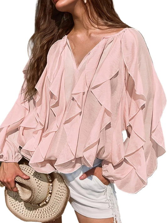 Kelp Leaf Ruffle Hem Blouse – Minimalist Sheer V-Neck Long Sleeve Top The Nichole Collection - Official Site