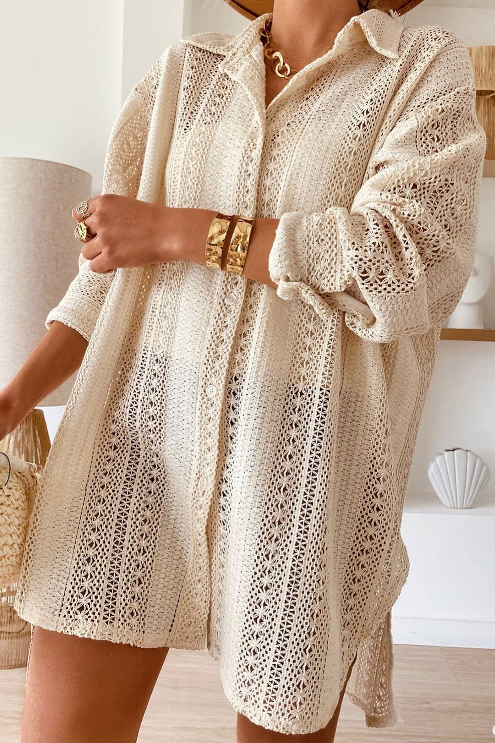 Lace Crochet Collared Neck Oversized Shirt The Nichole Collection