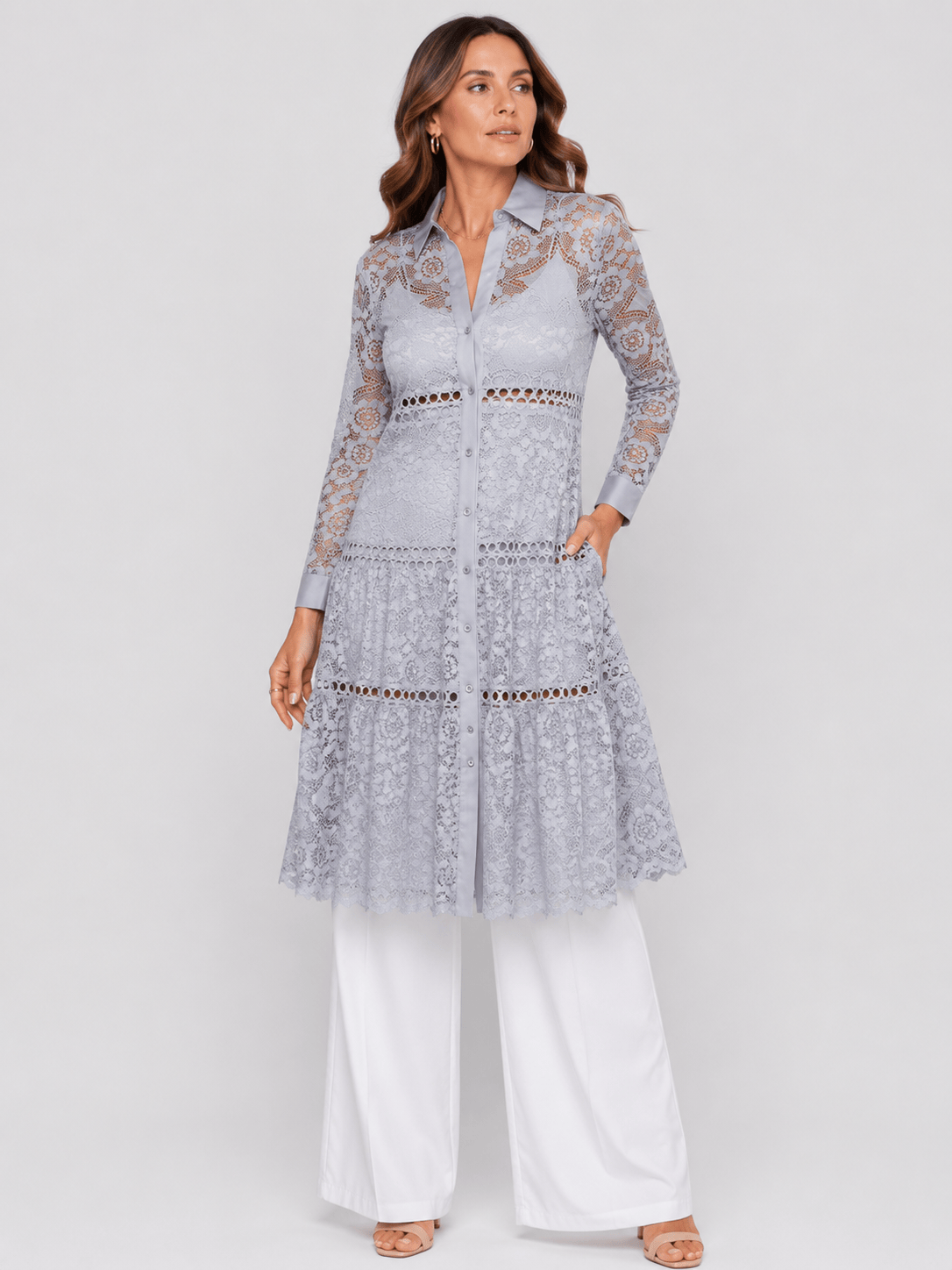 Lace Garden Embroidered Longline Blouse Gray / XS The Nichole Collection