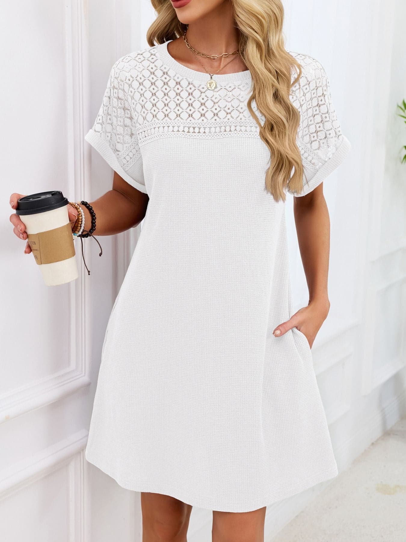 Lace Round Neck Short Sleeve T-Shirt Dress Dresses The Nichole Collection