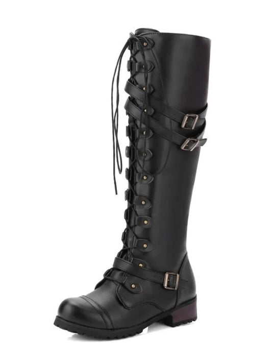 Lace-Up Leather Boots with Buckle Straps Black / 35 The Nichole Collection - Official Site