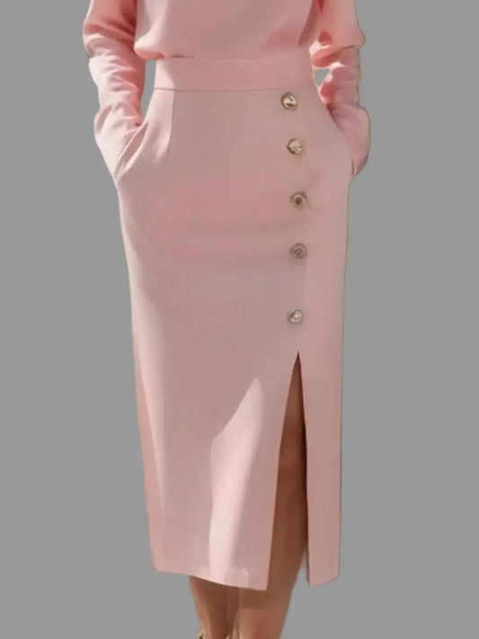 Long Sleeve Button Detail Midi Dress with Side Slit Dresses The Nichole Collection - Official Site