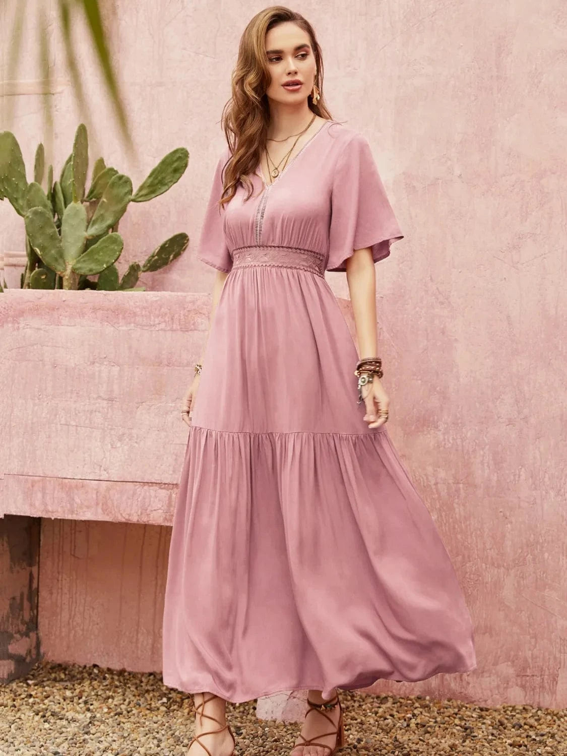 Mauve Boho Maxi Dress – Flutter Sleeve Tiered Summer Dress with Smocked Waist The Nichole Collection