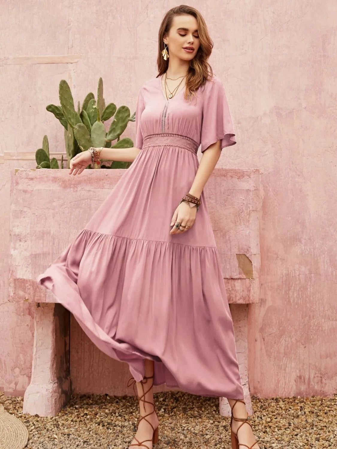 Mauve Boho Maxi Dress – Flutter Sleeve Tiered Summer Dress with Smocked Waist Dusty Pink / S The Nichole Collection