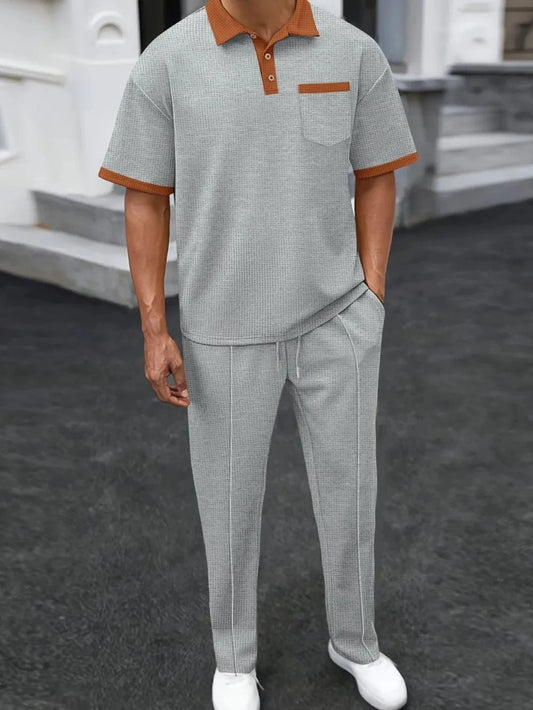 Men's Full Size Waffle-Knit Contrast Polo and Pants Set Plus Size Gray / S Men's Sets The Nichole Collection - Official Site