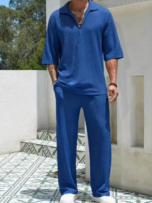 Men's Johnny Collar Half Sleeve Top and Pants Set Royal Blue / S Men's Sets The Nichole Collection - Official Site