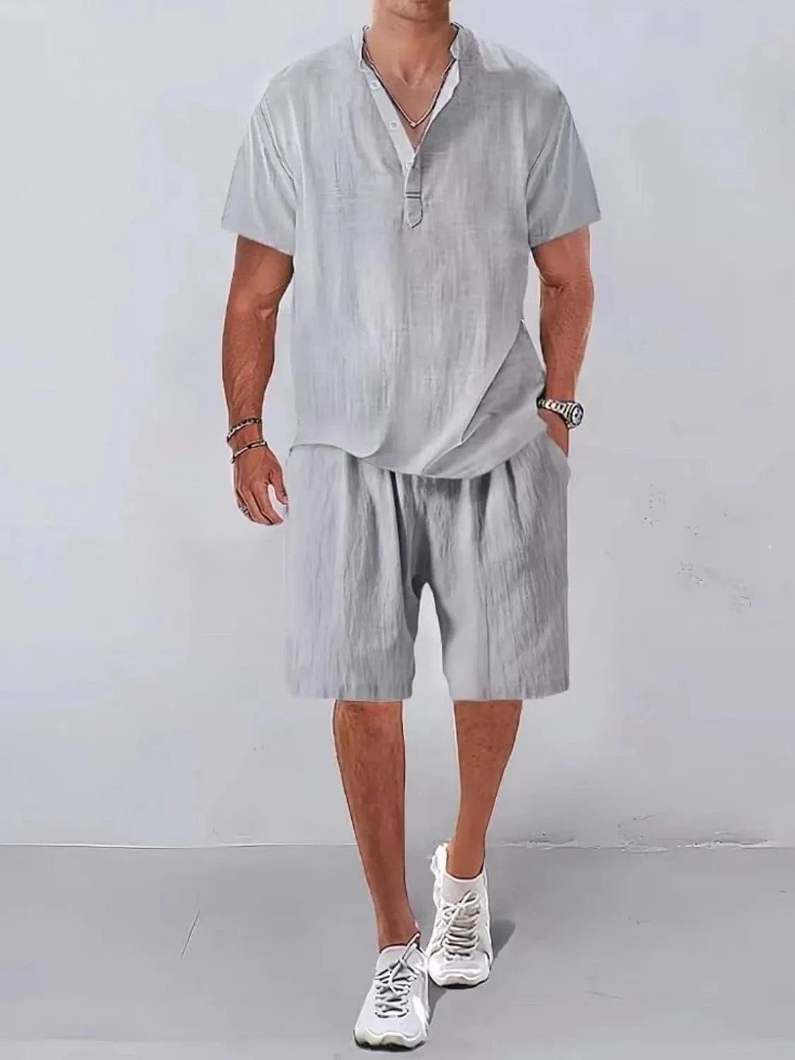 Men‘s Plus Size Button Detail Short Sleeve Top and Shorts Set Gray / M Jonathan M Collection