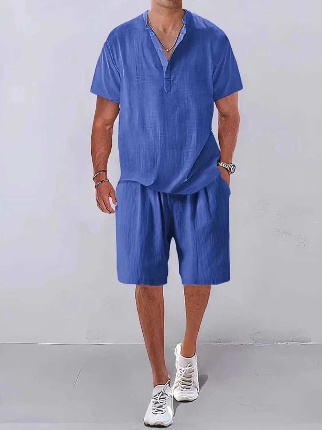 Men‘s Plus Size Button Detail Short Sleeve Top and Shorts Set Blue / M Jonathan M Collection