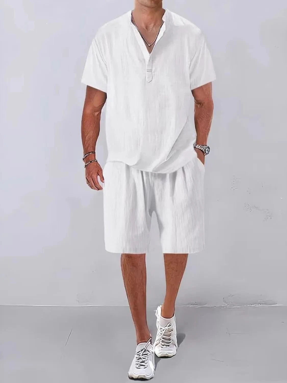 Men‘s Plus Size Button Detail Short Sleeve Top and Shorts Set White / M Jonathan M Collection