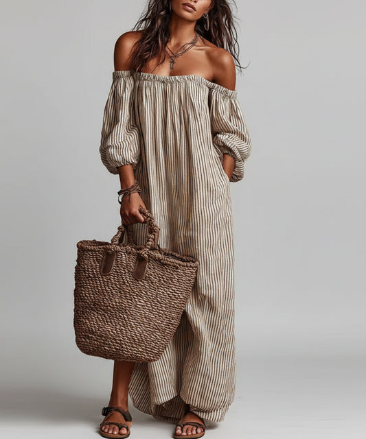 Off Shoulder Striped Boho Maxi Dress Coffee / S Jumpsuits & Rompers The Nichole Collection