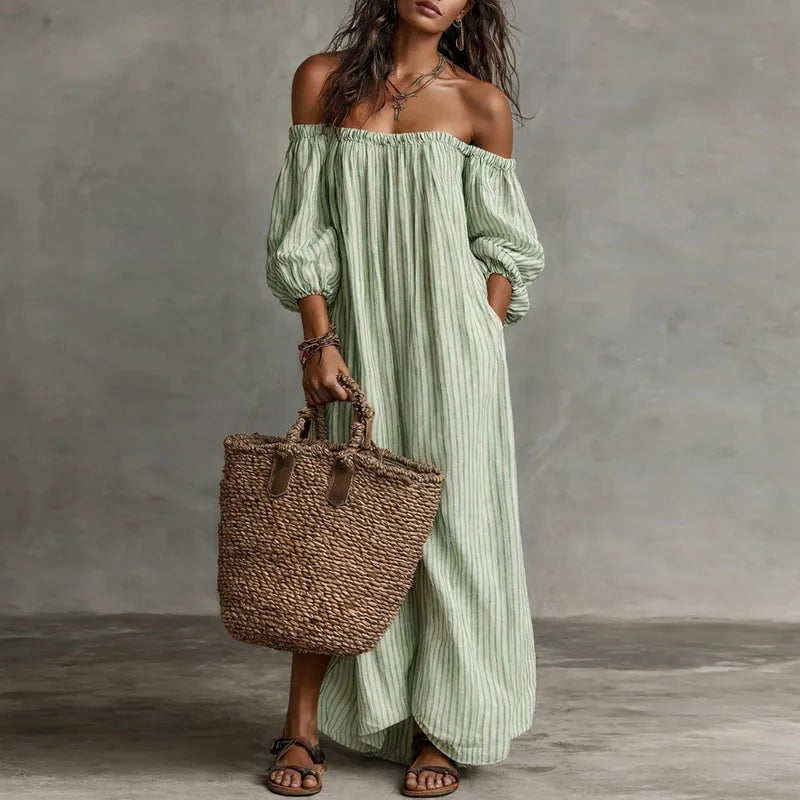 Off Shoulder Striped Boho Maxi Dress Light Green / S Jumpsuits & Rompers The Nichole Collection