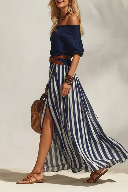 Off Shoulder Top and Striped Maxi Skirt Set The Nichole Collection