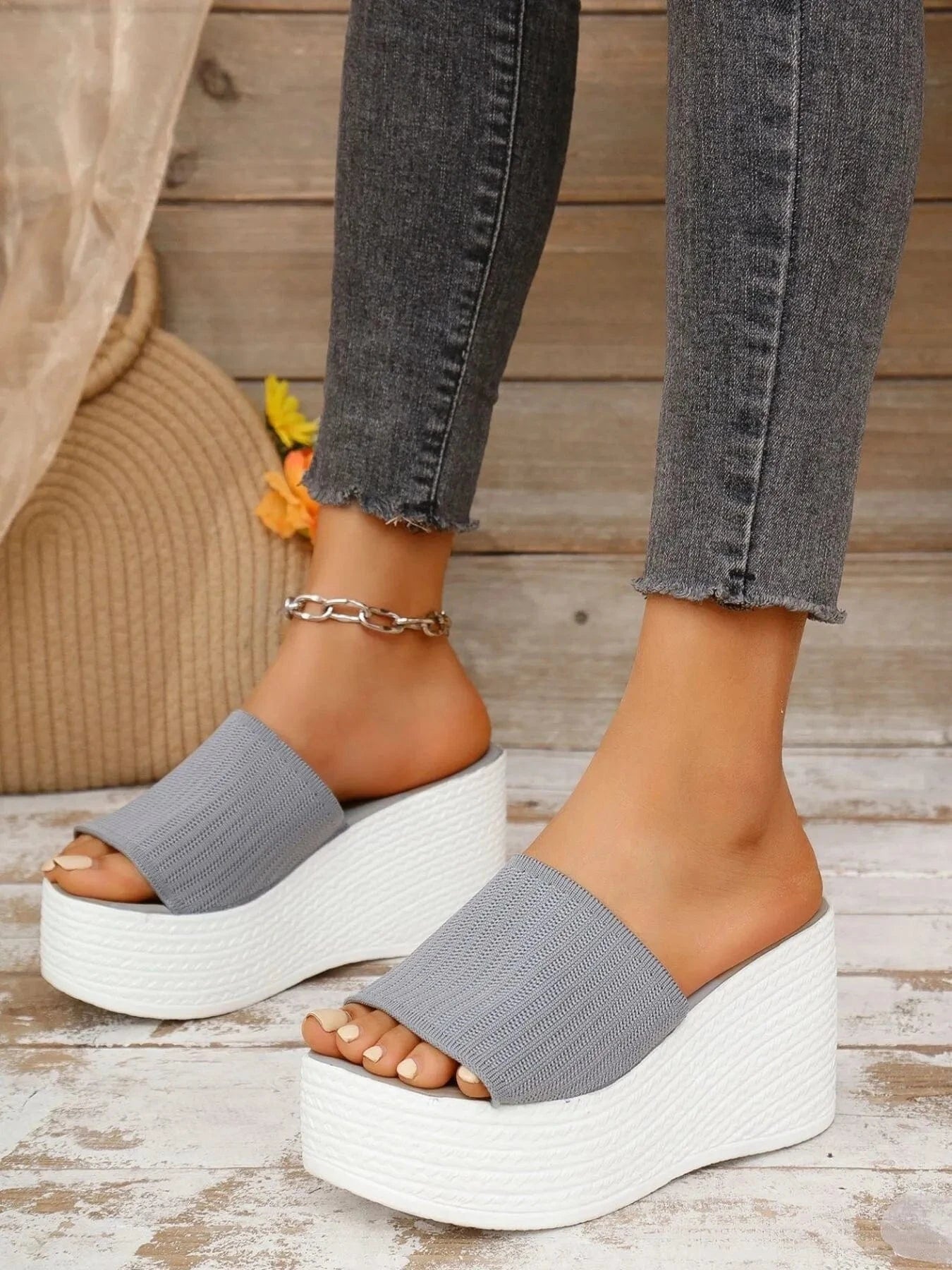 Open Toe Platform Wedge Sandals Gray / 35 The Nichole Collection