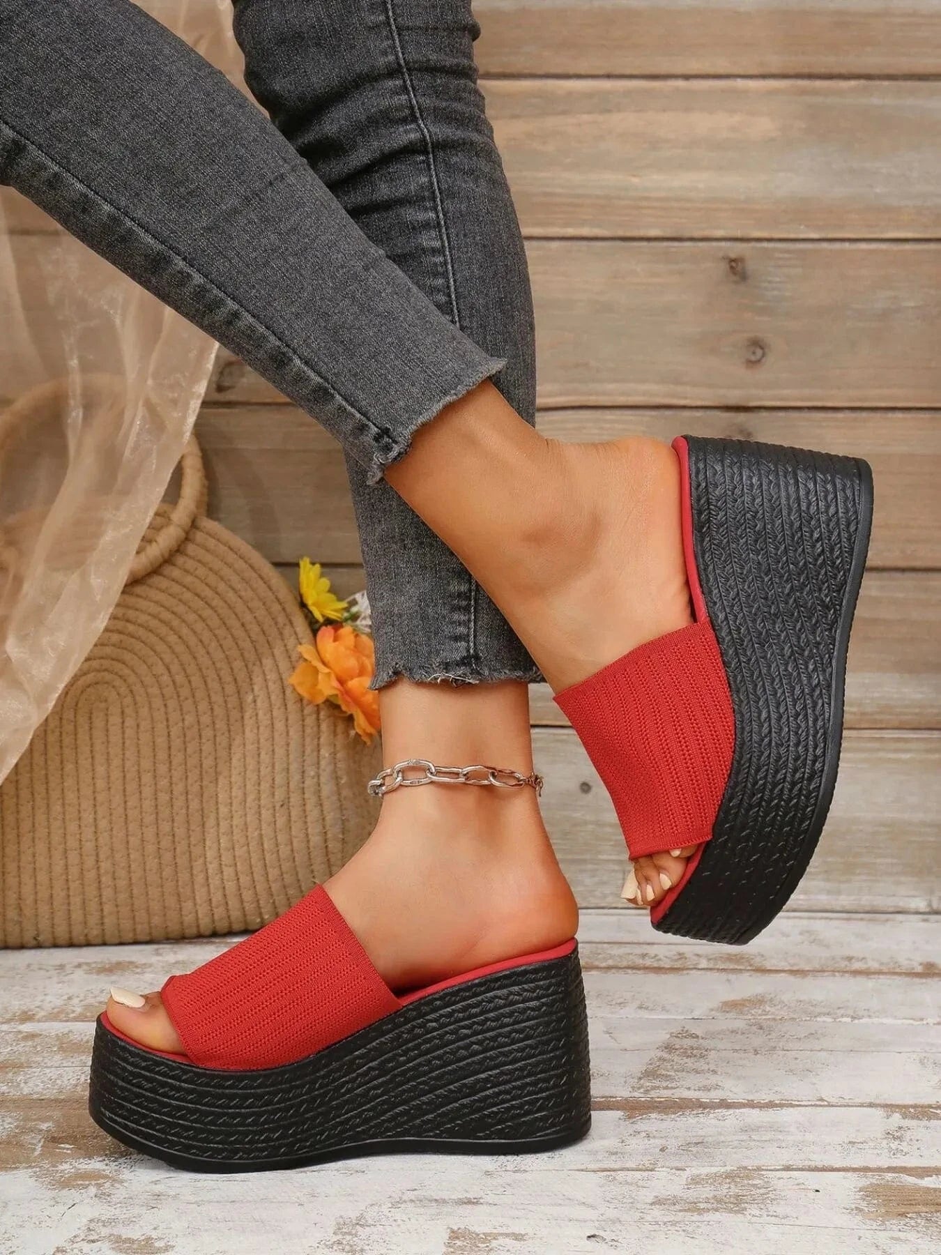 Open Toe Platform Wedge Sandals Red / 35 The Nichole Collection