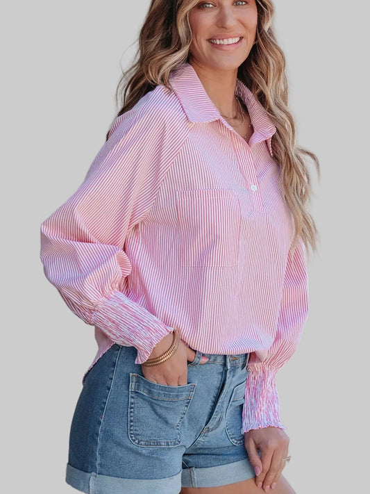 Pinstripe Smocked Cuff Button-Down Blouse | The Nichole Collection