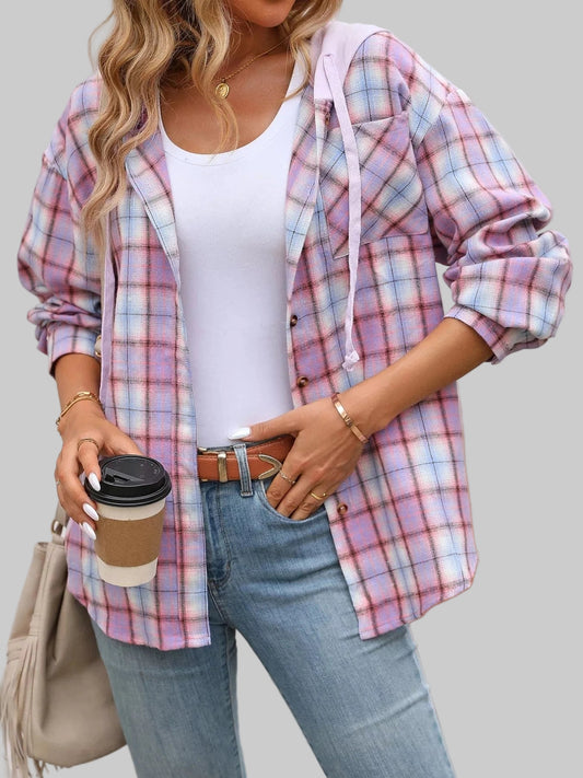 Plaid Button-Up Hooded Shirt - Purple / S