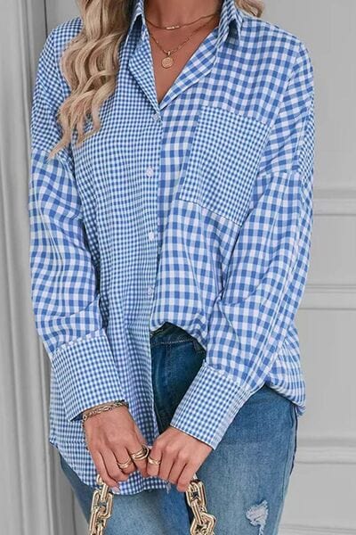 Plaid Button Up Long Sleeve Shirt Light Blue / S The Nichole Collection