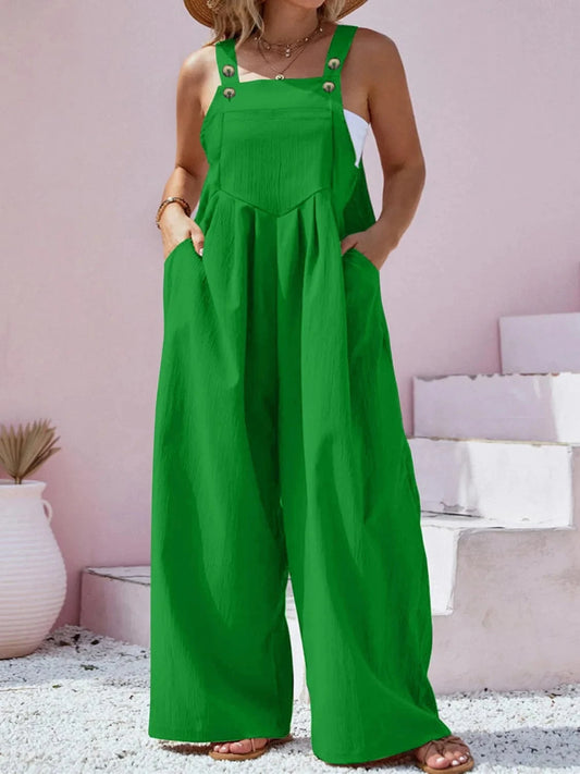 Plus Size Square Neck Wide Leg Overalls Green / 1XL The Nichole Collection