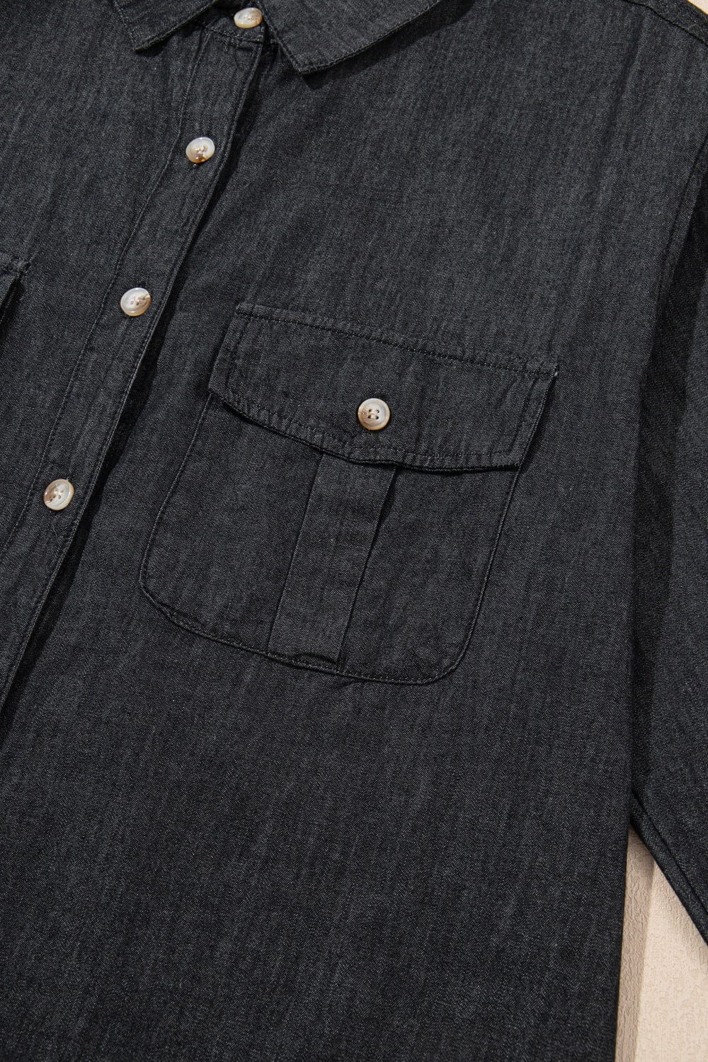 Pocketed Collared Neck Long Sleeve Denim Top Denim The Nichole Collection