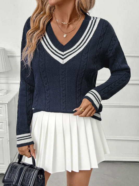 Preppy Contrast Stripe V-Neck Sweater The Nichole Collection - Official Site
