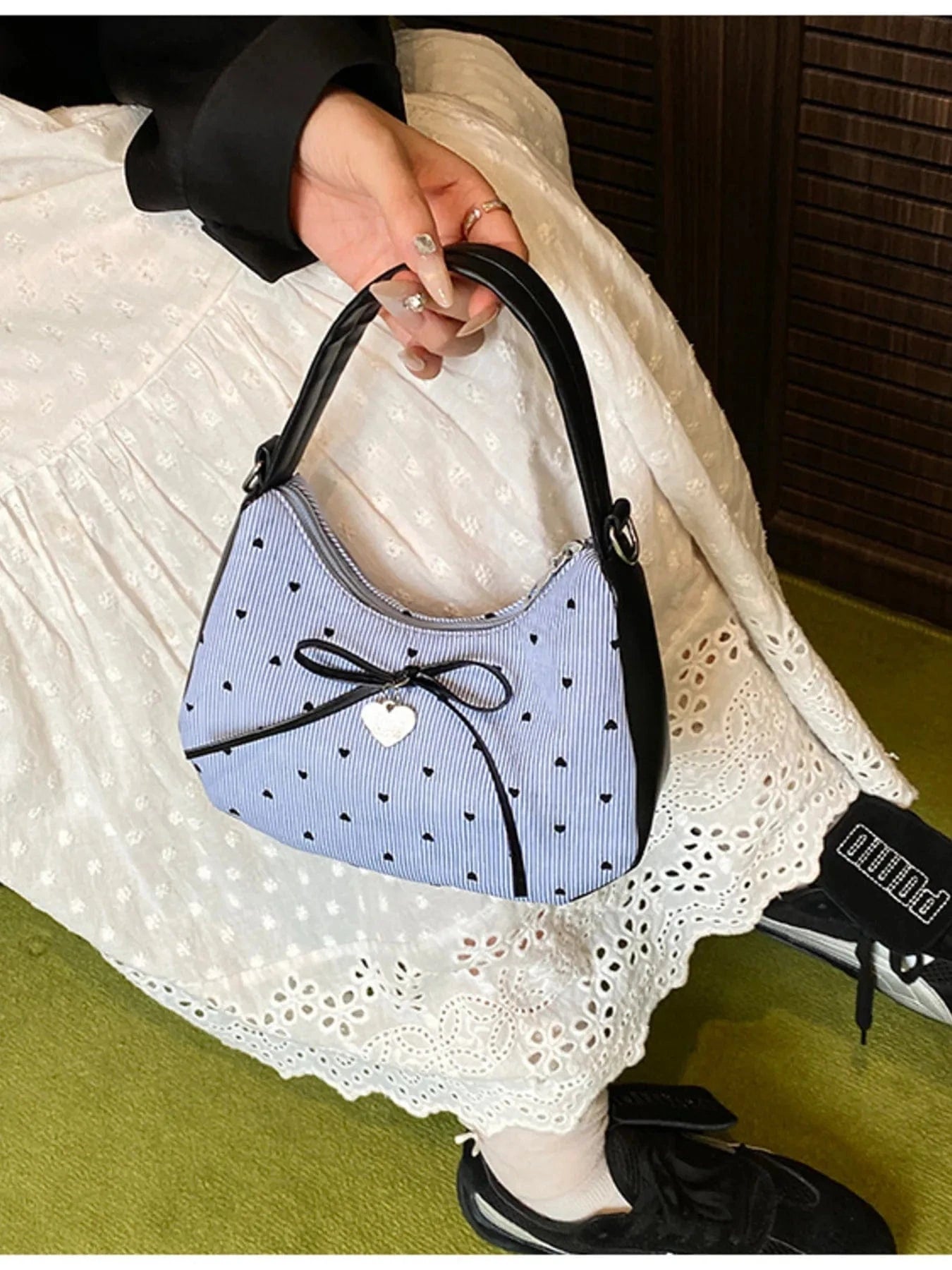 Printed Bow Shoulder Bag - Blue / One Size