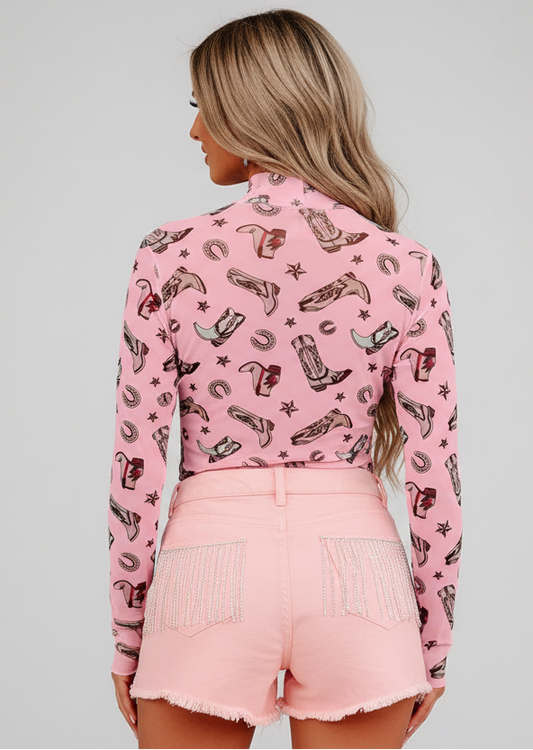 Cowboy Printed Mock Neck Long Sleeve Mesh Bodysuit Mesh The Nichole Collection - Official Site