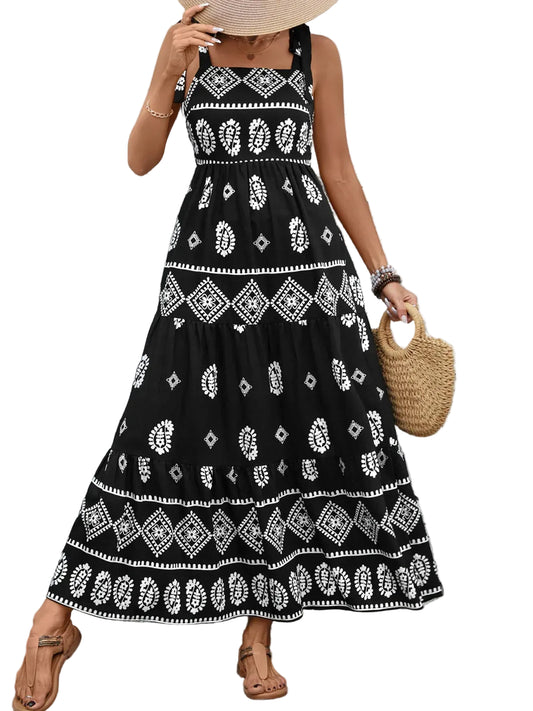 Printed Square Neck Maxi Cami Dress Black / S Maxi Dresses The Nichole Collection - Official Site
