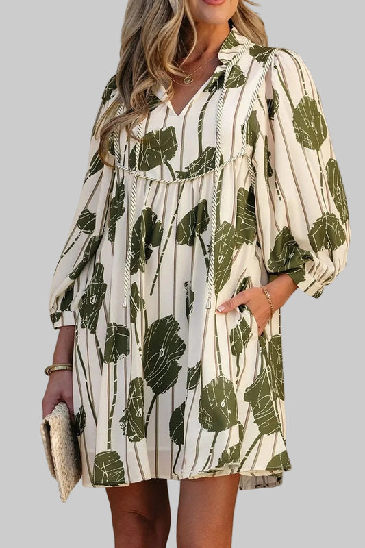 Printed Tie Neck Balloon Sleeve Dress Sage / S The Nichole Collection