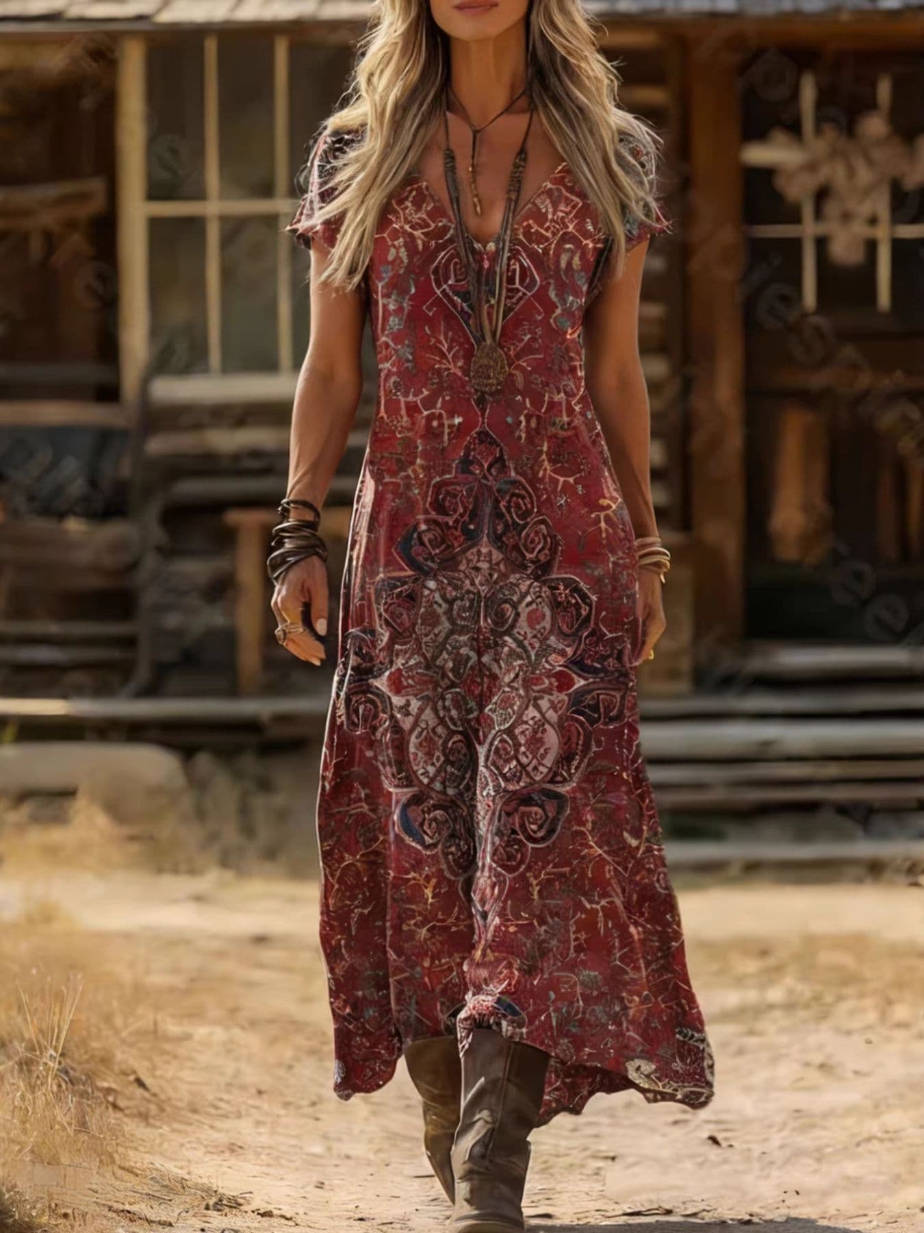 Women's Printed V-Neck Short Sleeve Midi Dress | The Nichole Collection
