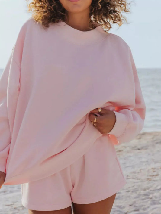 Relaxed Fit Round Neck Sweatshirt and Shorts Set | The Nichole Collection