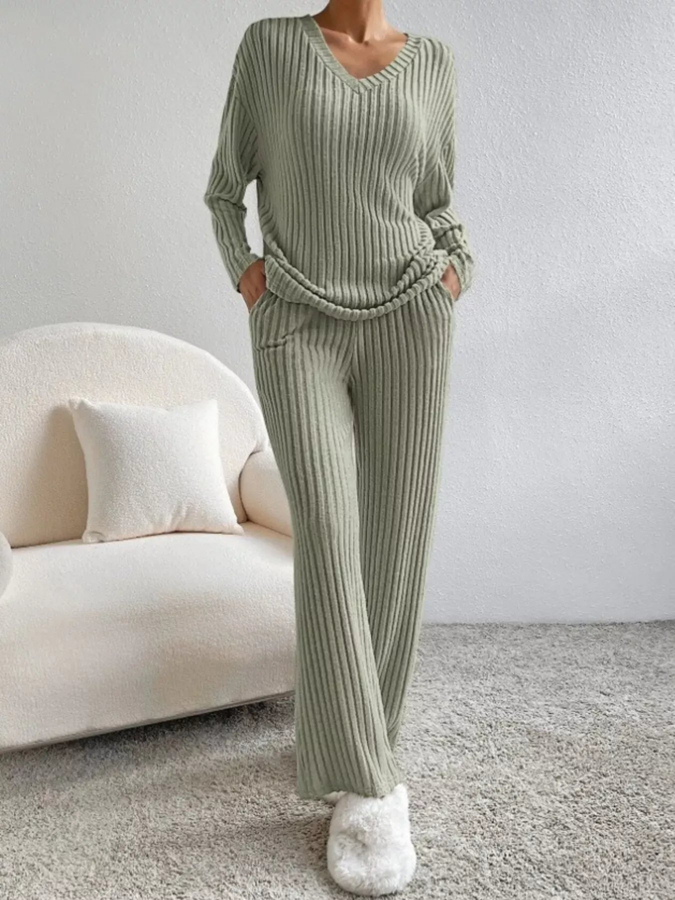 Ribbed Knit V-Neck Top and Pants Set The Nichole Collection - Official Site