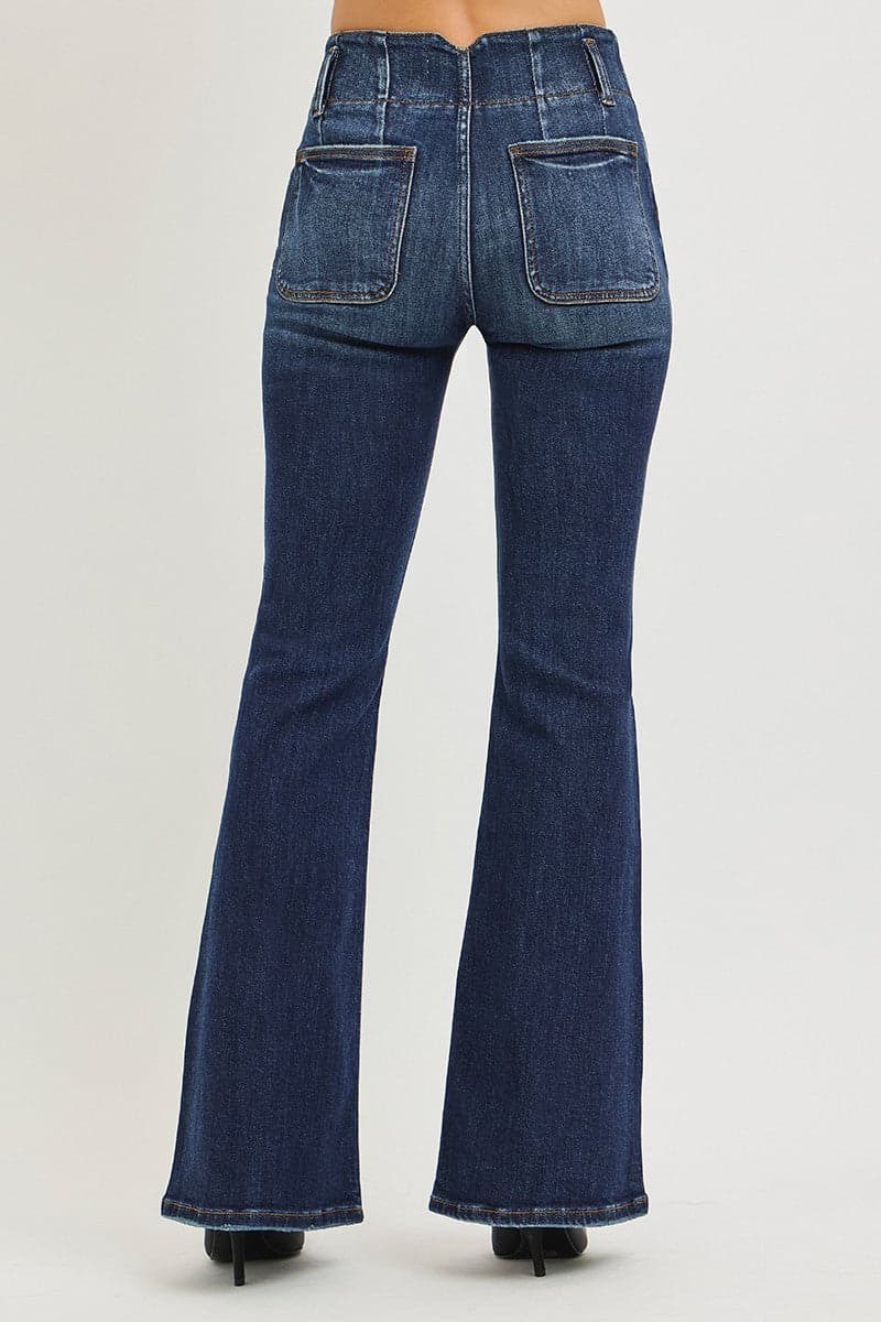 RISEN High Rise Flare Jeans With Seam Detail Waistband The Nichole Collection