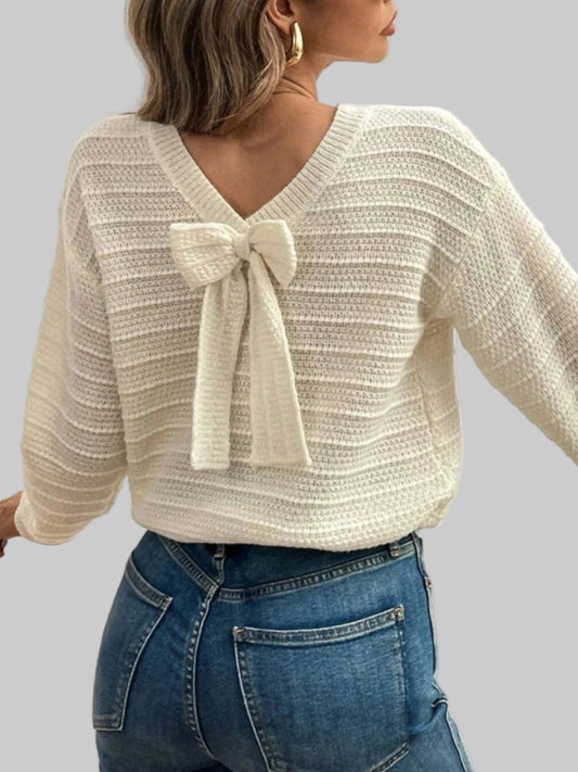 Round Neck Bow-Back Knit Top Sweaters Beige / S The Nichole Collection