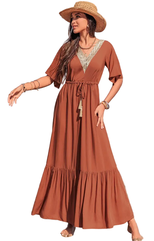 Ruffled Tassel V-Neck Flutter Sleeve Dress Terracotta / S Maxi Dresses The Nichole Collection - Official Site
