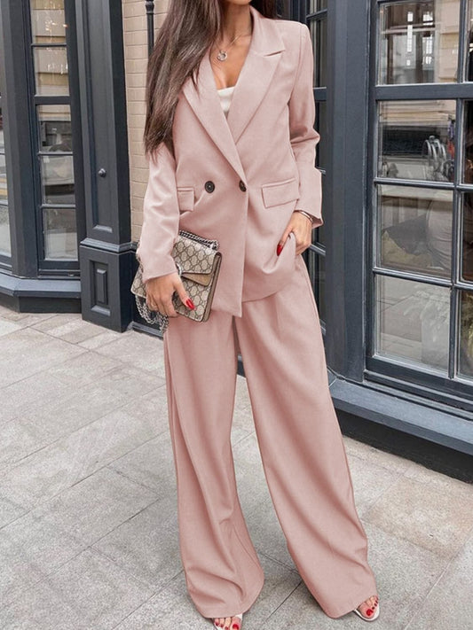 Runway Ready Buttoned Lapel Collar Long Sleeve Blazer and Pants Set Apricot / S The Nichole Collection