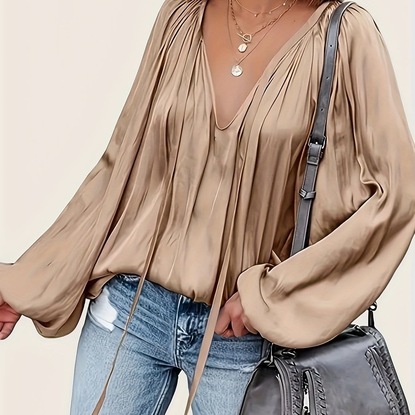 Satin Pleated Lace-Up V-Neck Blouse Khaki / S Blouses The Nichole Collection - Official Site