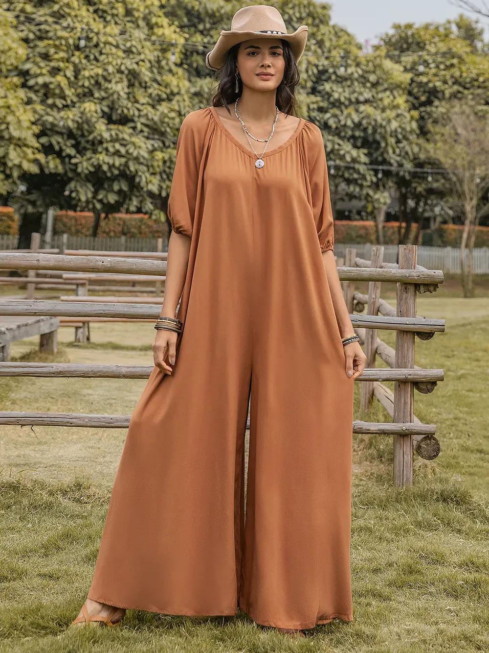 Scoop Neck Half Sleeve Wide Leg Jumpsuit | The Nichole Collection