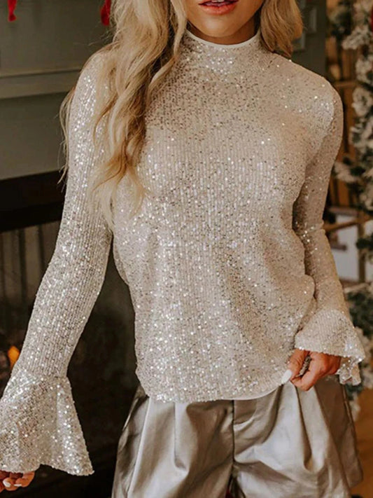 Sequin Mock Neck Bell Sleeve Top White / S Trendsi